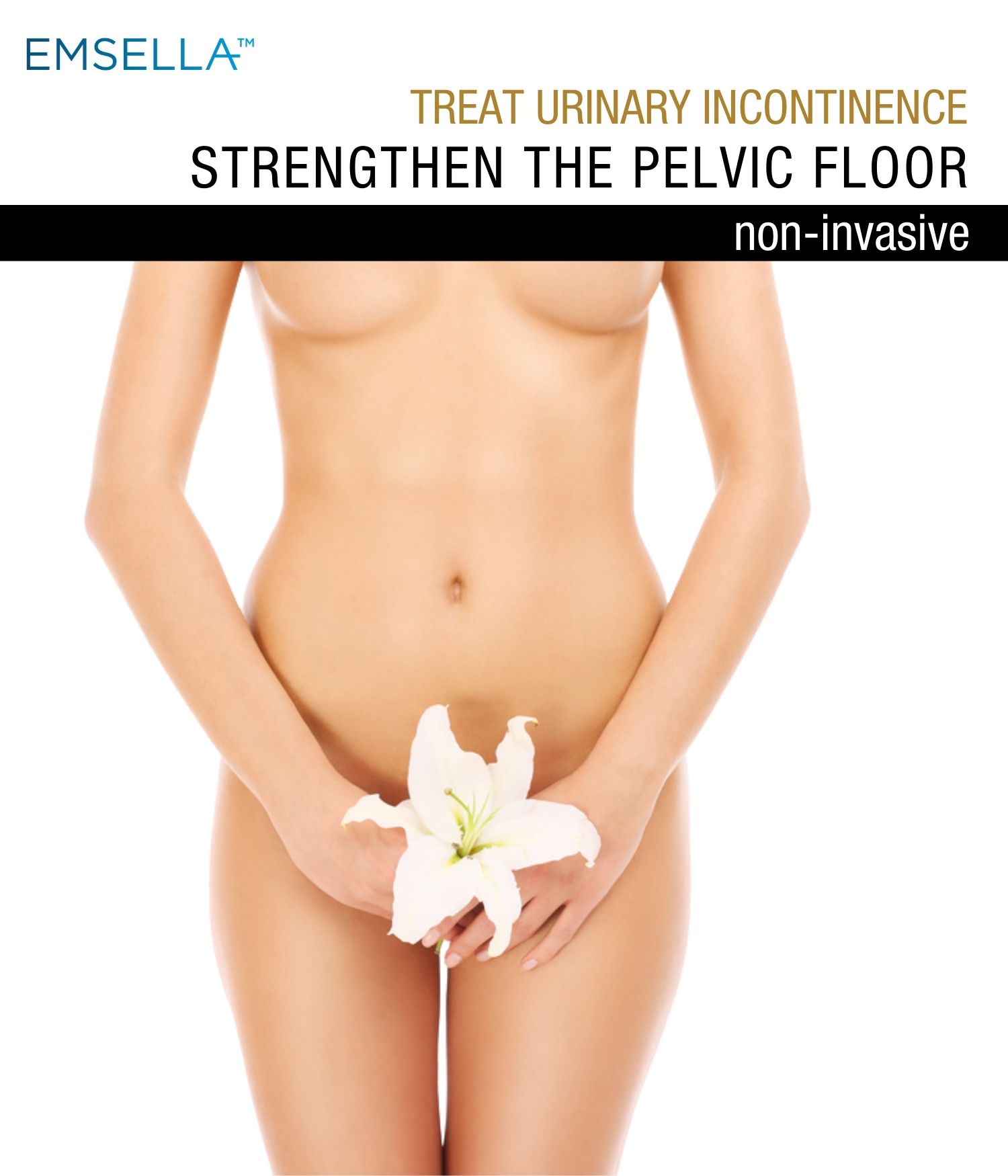 Unclothed woman holds a flower over her lower anatomy to represent Emsella.